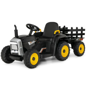 12V Kids Ride On Tractor with Trailer Music and LED Lights-Black