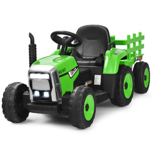 12V Kids Ride On Tractor with Trailer Music and LED Lights-Green