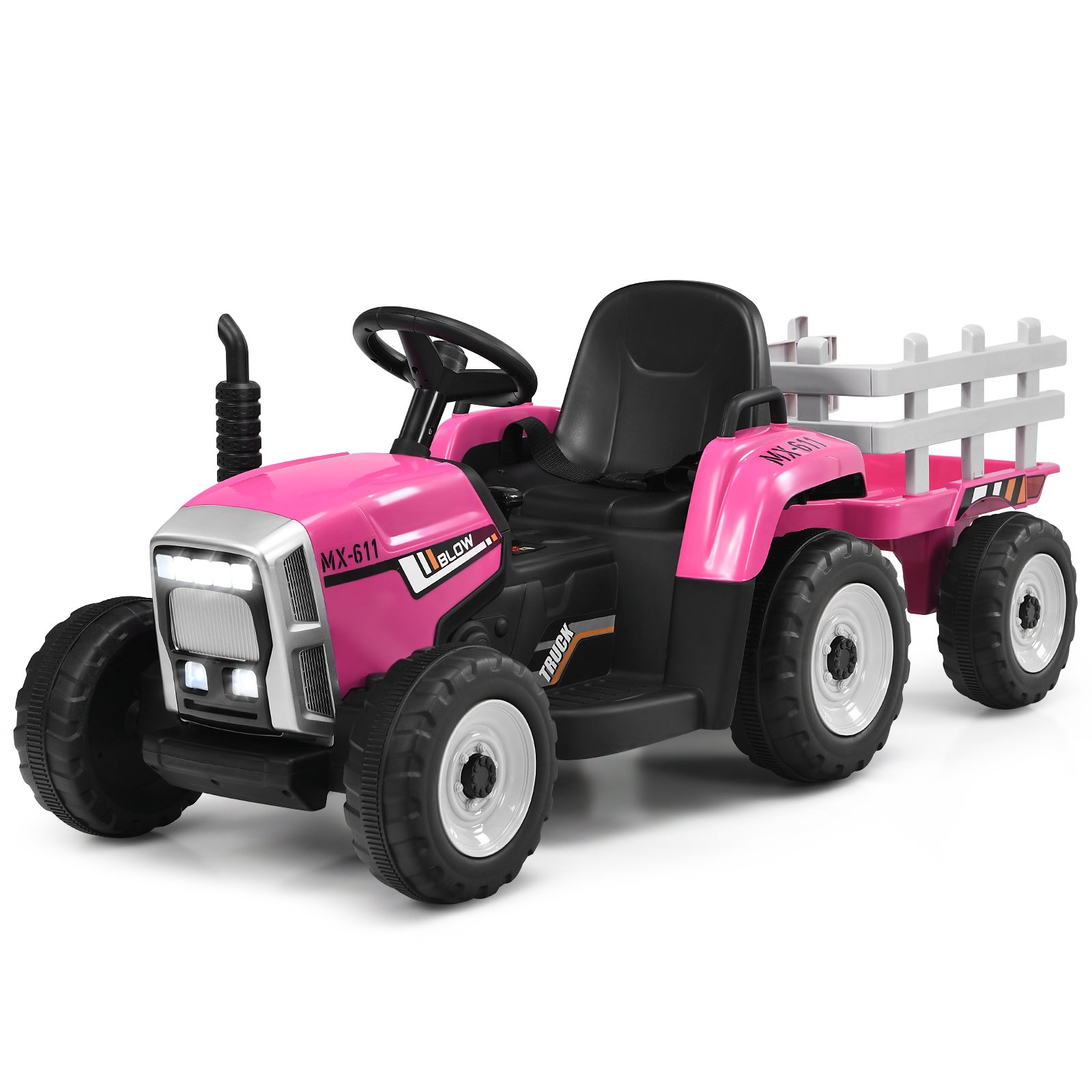 12V Kids Ride On Tractor with Trailer Music and LED Lights-Pink