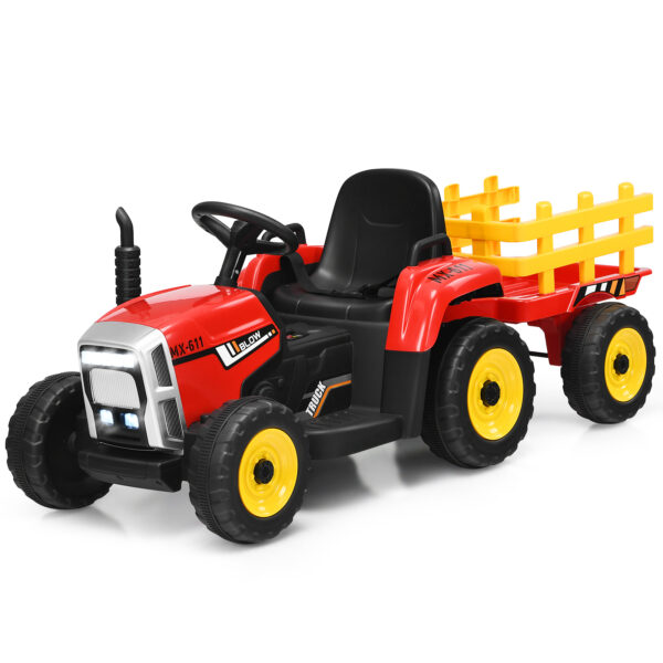 12V Kids Ride On Tractor with Trailer Music and LED Lights-Red