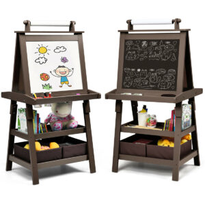 Children's Double-Sided Art Easel with Paper Roll-Brown