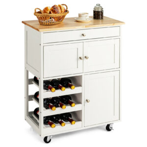 Rolling Kitchen Cart with 3 Tier Wine Racks and Cupboards-White