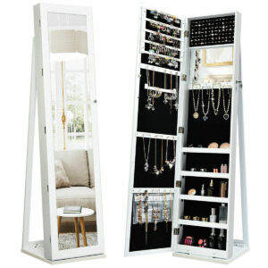 3-in-1 360° Swivel Mirrored Jewelry Armoire with Display Shelves-White
