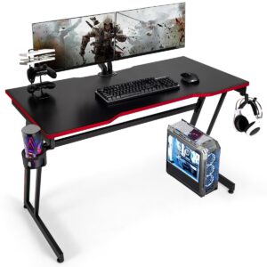 Z-Shaped Computer Desk with Headphone Hook and Cup Holder-Red