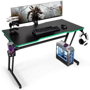 Z-Shaped Computer Desk with Headphone Hook and Cup Holder-Green