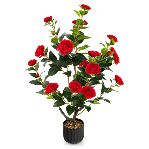 1/2 Pieces 95cm Artificial Camellia Tree with Flowers and Rain-Flower Pebbles-Red-1 Piece