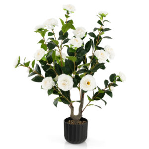 1/2 Pieces 95cm Artificial Camellia Tree with Flowers and Rain-Flower Pebbles-White-1 Piece