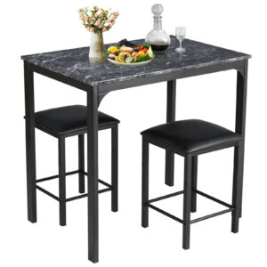 3 Piece Dining Table Set with 2 Faux Leather Backless Stools-Black