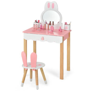 Kids Vanity Table and Chair Pretend Play with Mirror and Drawers-Pink