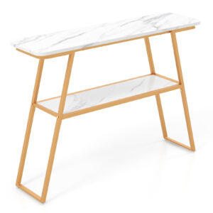 2-Tier Console Table with Open Shelf and Gold Metal Frame-White & Golden