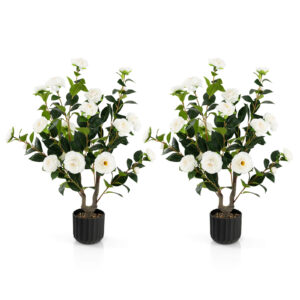 1/2 Pieces 95cm Artificial Camellia Tree with Flowers and Rain-Flower Pebbles-White-2 Pieces