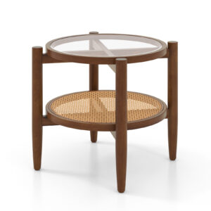 2-Tier PE Rattan Round Side End Table with Tempered Glass Tabletop