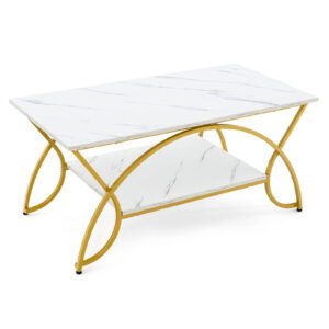 2-Tier Faux Marble Coffee Table with Golden Metal Frame-White