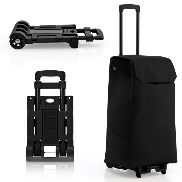2 in 1 Foldable Shopping Trolley with Detachable Bag and Adjustable Height-Black