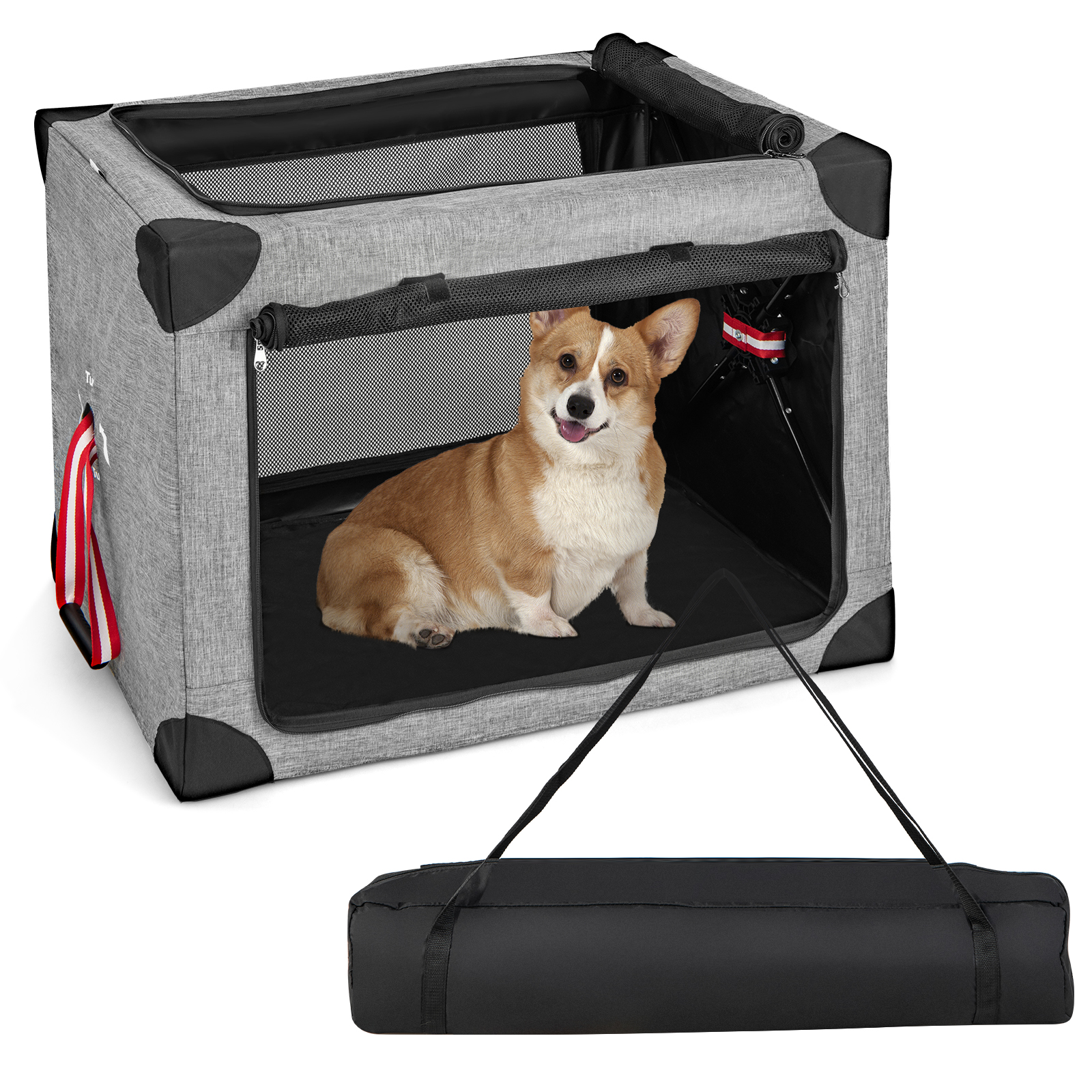 3-Door Folding Dog Soft Kennel with Removable Pad and Metal Frame-L