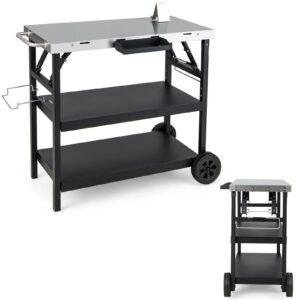 3-Tier Foldable Stainless Outdoor Cart with 2 Wheels-Black