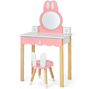 Kids Vanity Table and Chair Pretend Play with Mirror and Drawers-White