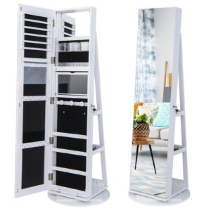360-Degree Mirrored Jewelry Armoire with 3-Color Auto-on LED Lights-White