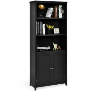 Wooden Tall Bookcase with 3-Tier Storage Cabinet-Black