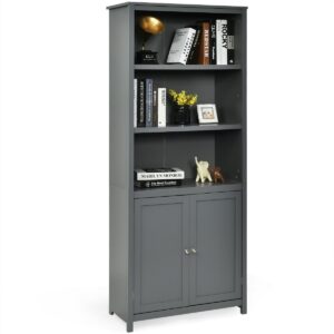 Wooden Tall Bookcase with 3-Tier Storage Cabinet-Grey