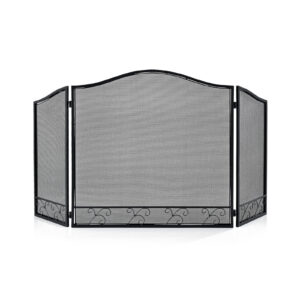 3 Panel Iron Folding Fireplace Screen Fence with Flexible Hinges-Black