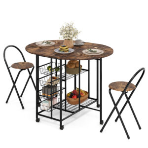 3 Pieces Drop-Leaf Rolling Dining Table Set with 2 Shelves-Brown