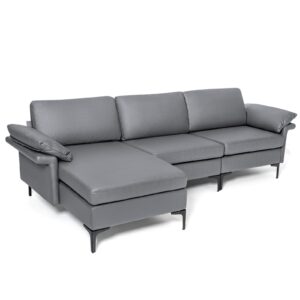 L-shaped 3-Seat Upholstered Sectional Sofa-Grey
