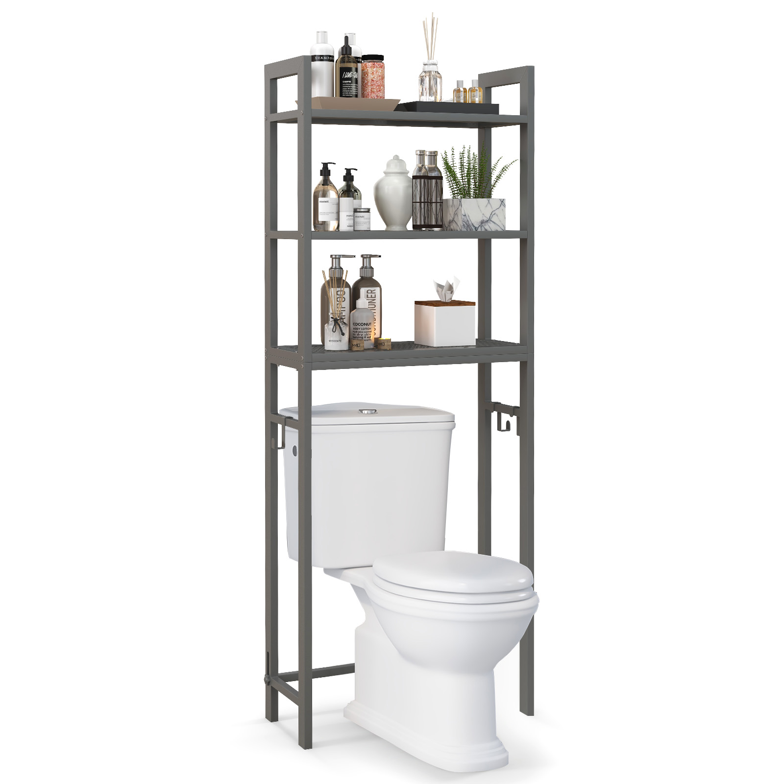 Over-The-Toilet Storage Shelf with Anti-tipping Device and Hooks-Grey