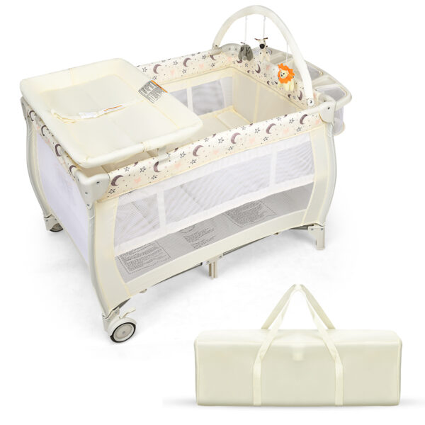 3 in 1 Convertible Bassinet Cot with Changing Table and Toy Bar-Beige