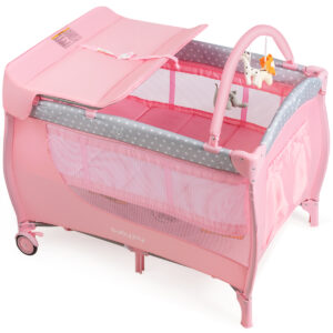 3 in 1 Portable Baby Playards Convertible Playpen with Bassinet-Pink