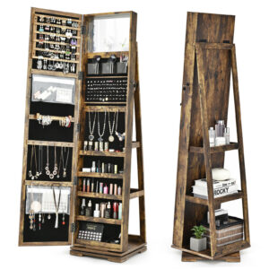 Full Length Mirrored Jewellery Cabinet Rotates 360° with Open Display Shelves-Rustic Brown