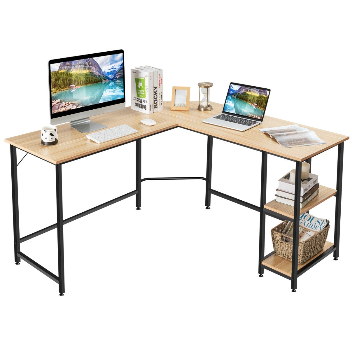 L-Shaped Corner Computer Desk with 2-Tier Storage Shelf-Natural