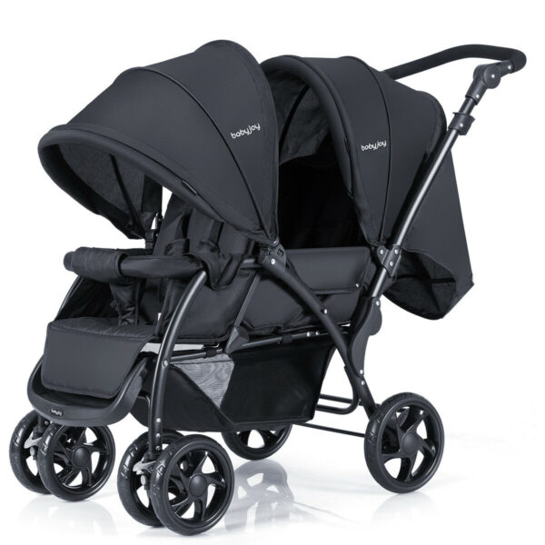 Double Pushchair with Adjustable Backrest and Sunshade-Black