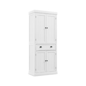4-Door Tall Kitchen Cupboard Adjustable Shelves and Drawer-White