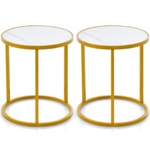 50 x 50 cm Marble Top Round Side Table with Golden Metal Frame-Golden-2 Pieces