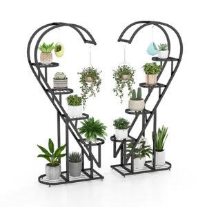 5-Tier Metal Heart-shaped Plant Stand with Hanging Hooks-Black