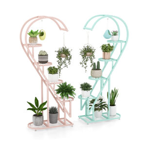 5-Tier Metal Heart-shaped Plant Stand with Hanging Hooks-Pink & Blue