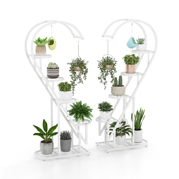 5-Tier Metal Heart-shaped Plant Stand with Hanging Hooks-White