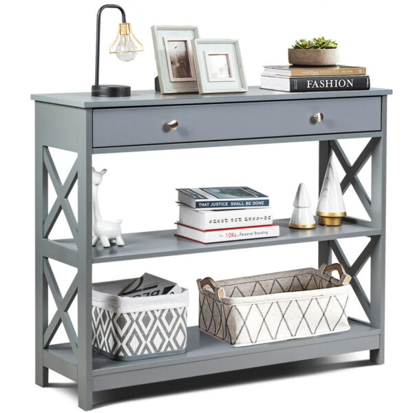 3-Tier Console Table with 1 Drawer and 2 Storage Shelves-Grey