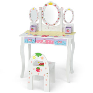 Children's Dressing Table and Chair Set with 3 Mirrors and 3 Drawers-White
