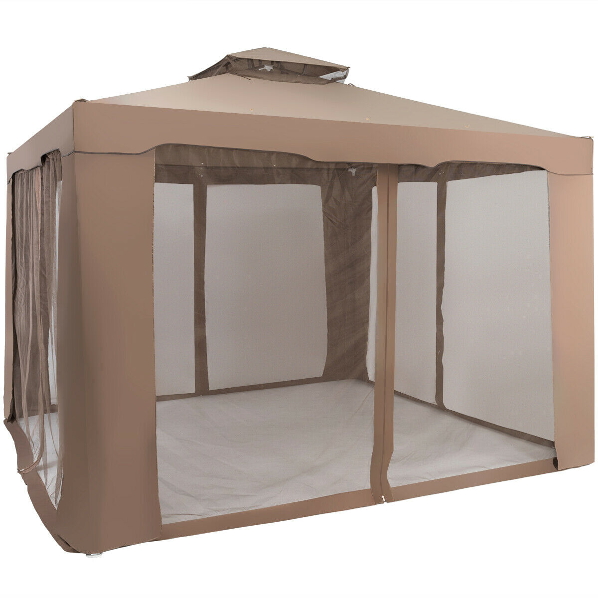 10 x 10ft Double Tiered Canopy Gazebo Garden Shelter Tent-Brown