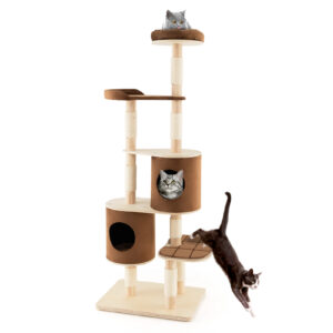 6-Tier Cat Tree Rubber Wood Cat Tower with Sisal Scratching Post-Brown