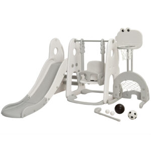 6 in 1 Toddler Slide and Swing Set with Adjustable Basketball Hoop for Indoor-Grey