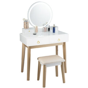 Modern Dressing Table with LED Mirror & Cushioned Stool-White