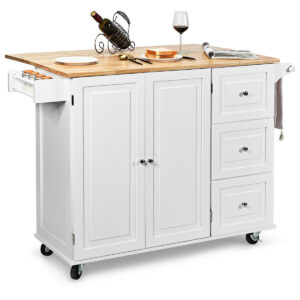 Kitchen Island Cart on Wheels with 3 Drawers and 2-door Cabinet-White