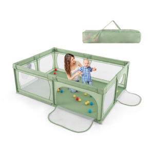 8-Panel Baby Playpen with Zipper Door and Storage Bag-Green