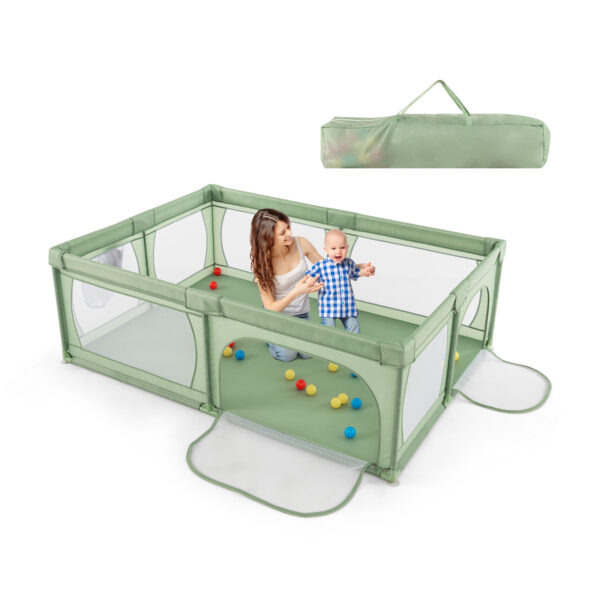 8-Panel Baby Playpen with Zipper Door and Storage Bag-Green
