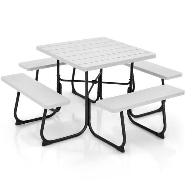 8-person Square Picnic Table Bench Set with 4 Benches and Umbrella Hole-White