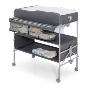 Folding Nursery Changing Table with Lockable Wheels and Storage Basket-Grey