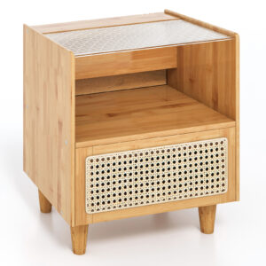 Bamboo Rattan Nightstand with Drawer and Solid Wood Legs for Bedroom Living Room-Natural